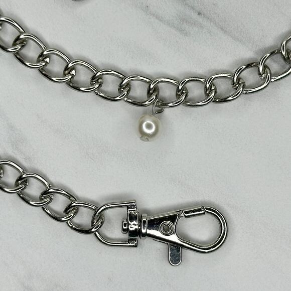 Faux Pearl Beaded Silver Tone Metal Chain Link Belt - One Size - 40" Adjustable - Picture 2 of 11
